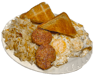2 Eggs, meat, potatoes and toast